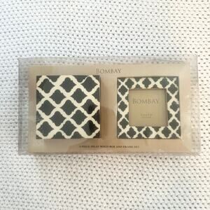 Bombay Company Black White Arabesque Tile Wood Trinket Box Miniature Frame Set